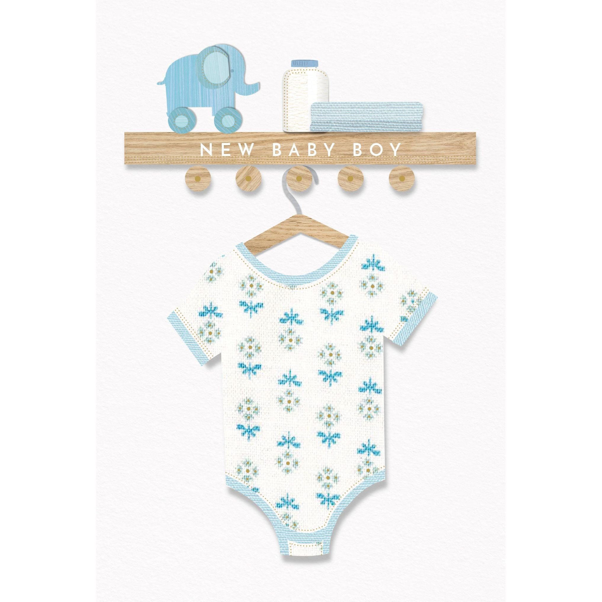 Pictura baby boy onesie and shelf-themed everyday greeting card for boys, featuring playful illustrations and soft colors.